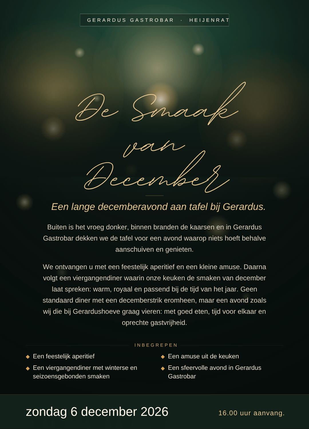 Aankondiging De Smaak van December in Gerardus Gastrobar op zondag 6 december 2026 om 16.00 uur